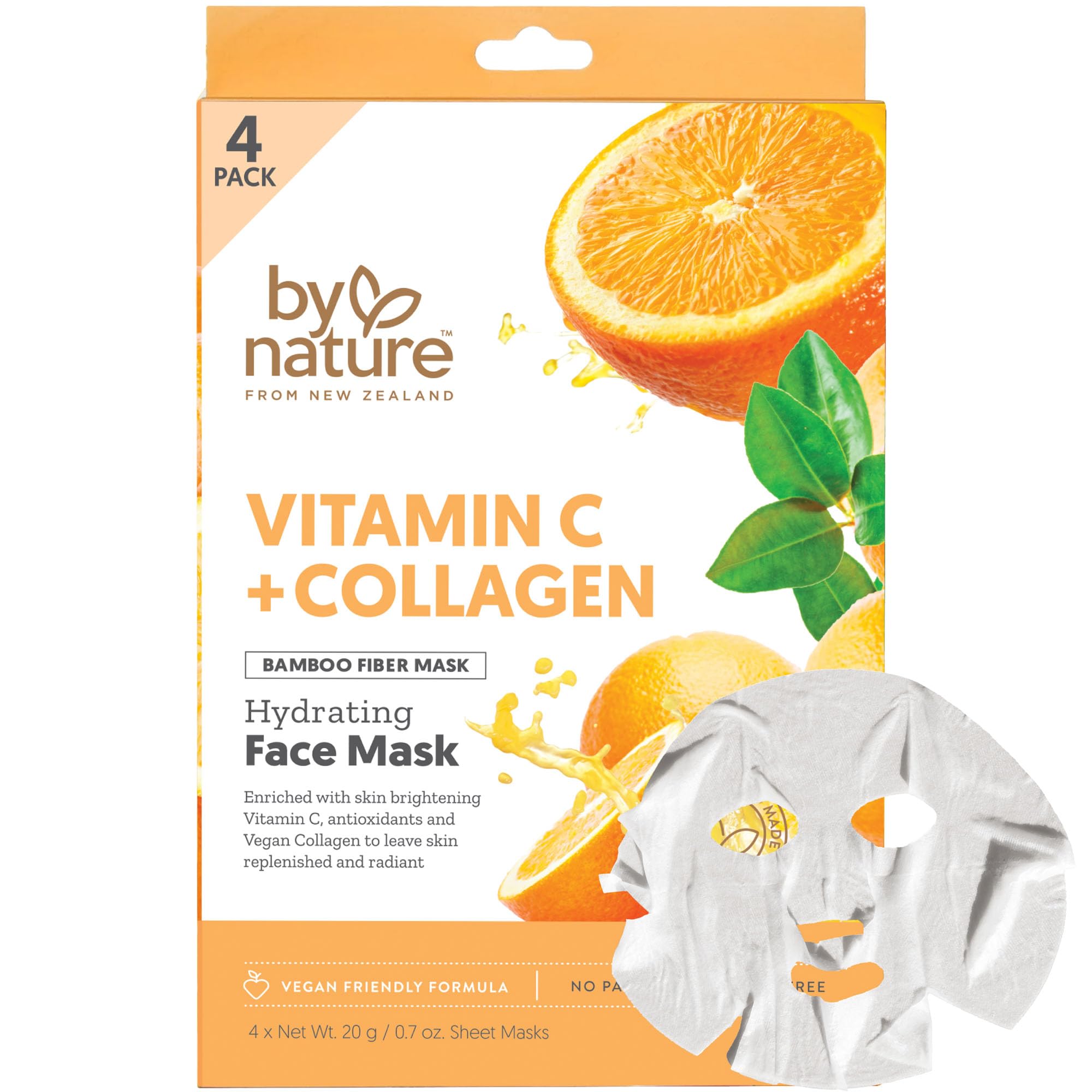 By Nature Vitamin C + Collagen Sheet Face Mask with Vitamin E – Firming, Anti-Aging Facial Treatment for Radiance, Elasticity & Hydration – Skincare for Pre-Event Glow & All Skin Types – Pack of 12