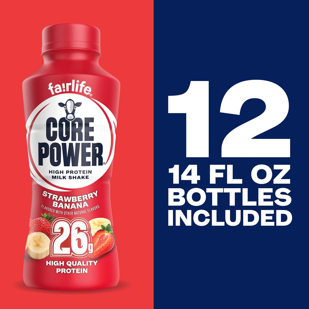 Core Power Fairlife 26g Protein Milk Shakes, Ready To Drink for Workout Recovery, Strawberry Banana, 14 Fl Oz (Pack of 12)