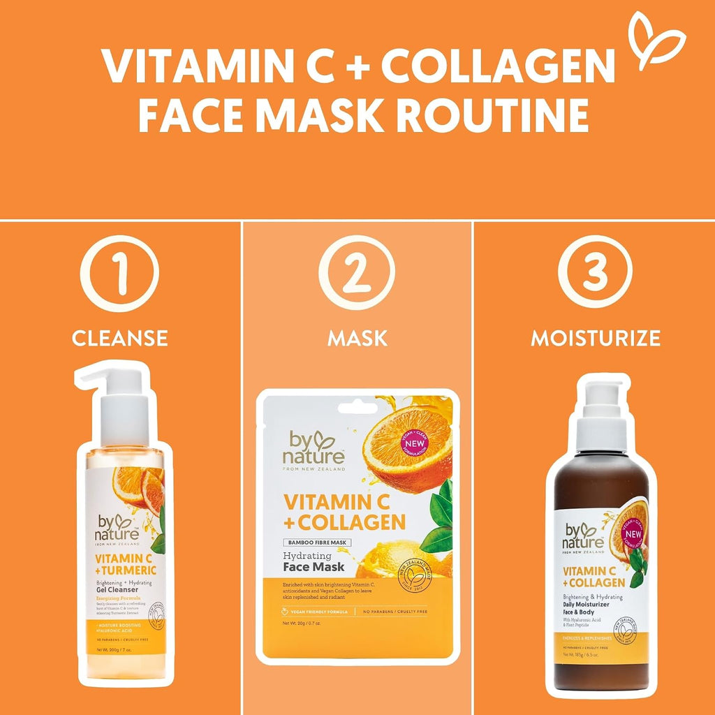 By Nature Vitamin C + Collagen Sheet Face Mask with Vitamin E – Firming, Anti-Aging Facial Treatment for Radiance, Elasticity & Hydration – Skincare for Pre-Event Glow & All Skin Types – Pack of 12