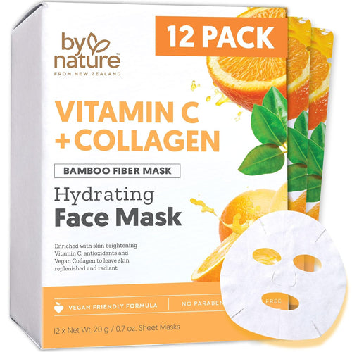By Nature Vitamin C + Collagen Sheet Face Mask with Vitamin E – Firming, Anti-Aging Facial Treatment for Radiance, Elasticity & Hydration – Skincare for Pre-Event Glow & All Skin Types – Pack of 12