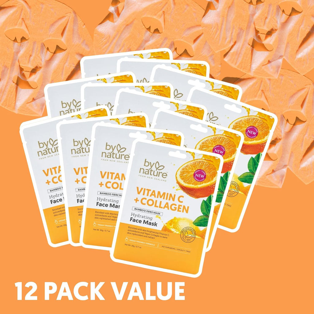 By Nature Vitamin C + Collagen Sheet Face Mask with Vitamin E – Firming, Anti-Aging Facial Treatment for Radiance, Elasticity & Hydration – Skincare for Pre-Event Glow & All Skin Types – Pack of 12