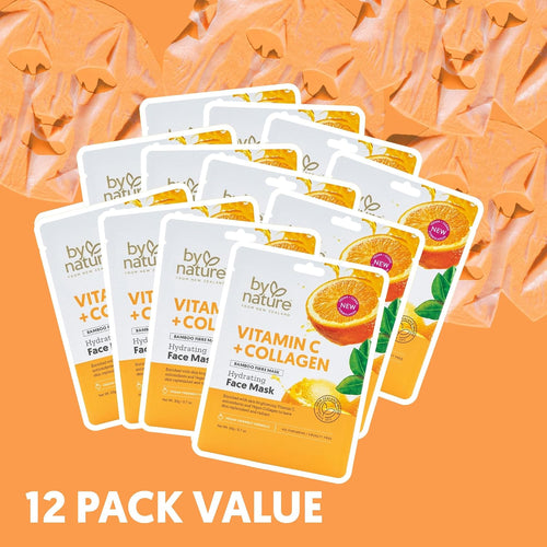 By Nature Vitamin C + Collagen Sheet Face Mask with Vitamin E – Firming, Anti-Aging Facial Treatment for Radiance, Elasticity & Hydration – Skincare for Pre-Event Glow & All Skin Types – Pack of 12