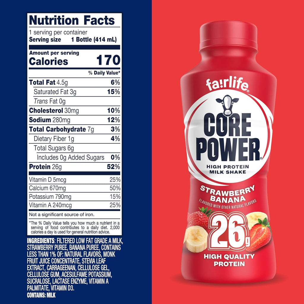 Core Power Fairlife 26g Protein Milk Shakes, Ready To Drink for Workout Recovery, Strawberry Banana, 14 Fl Oz (Pack of 12)